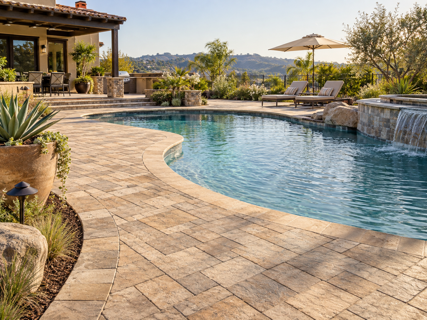 A backyard with a swimming pool, surrounded by stone pavers, patio furniture including lounge chairs with cushions and an umbrella, and landscaped with plants and trees, with a view of hills in the background.