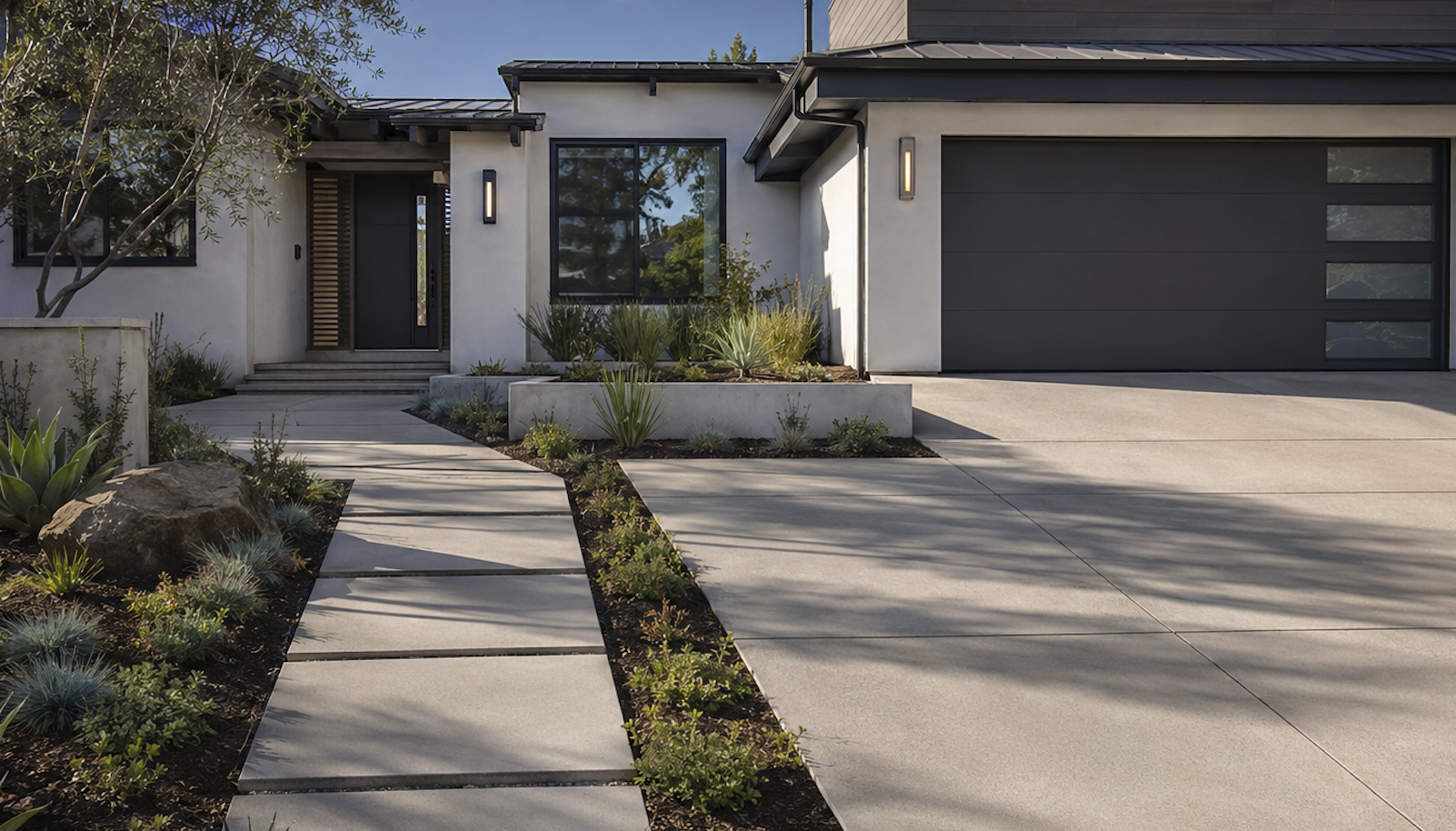 Modern house with a concrete walkway, landscaped garden, and a black garage door.