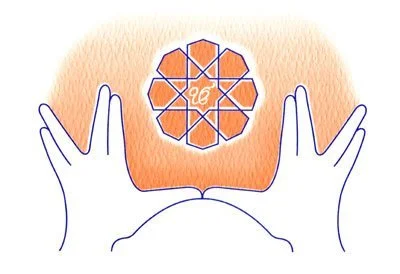 Illustration of hands framing an orange mandala.