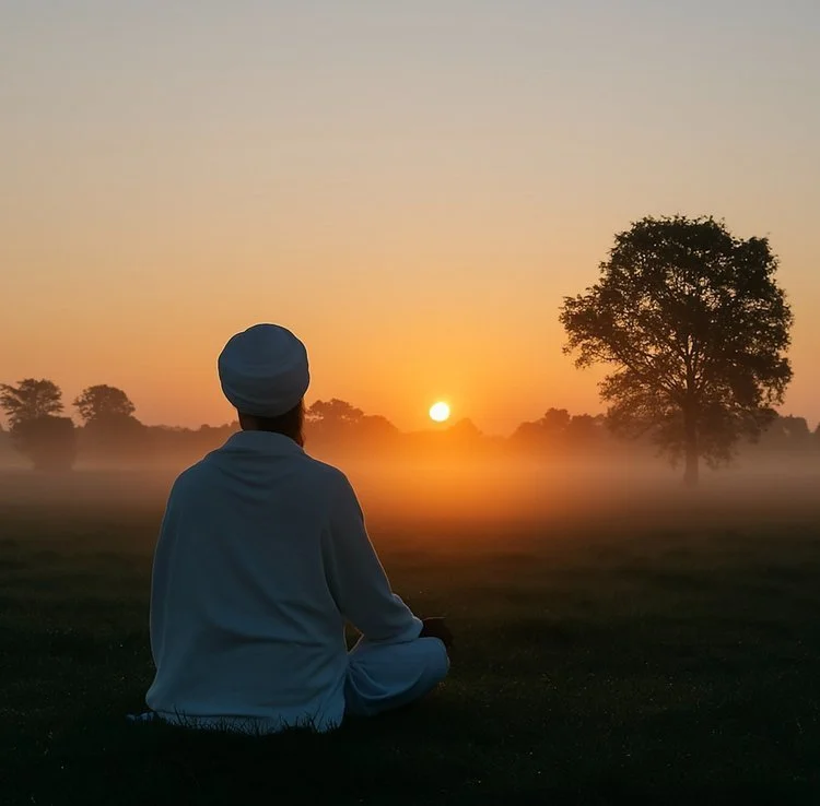 Person sitting cross-legged on grass, wearing traditional white clothing and turban, meditating at sunrise with a misty landscape and trees in the background.