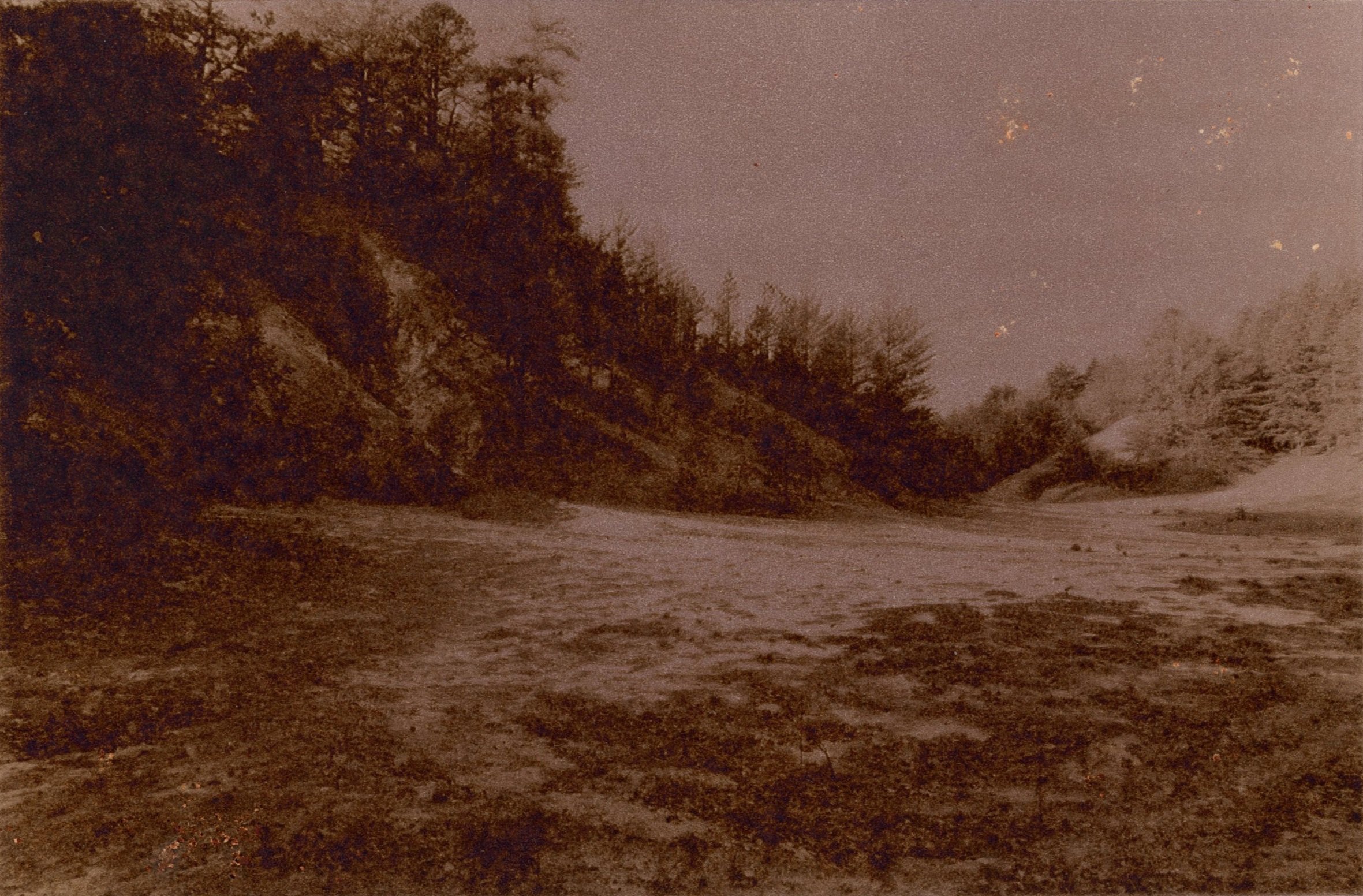"Clay Mine", 2024 - Hand-pulled print on paper, ink, oil pigments made from acid mine drainage, wild clay, 5 x 7.5 in.