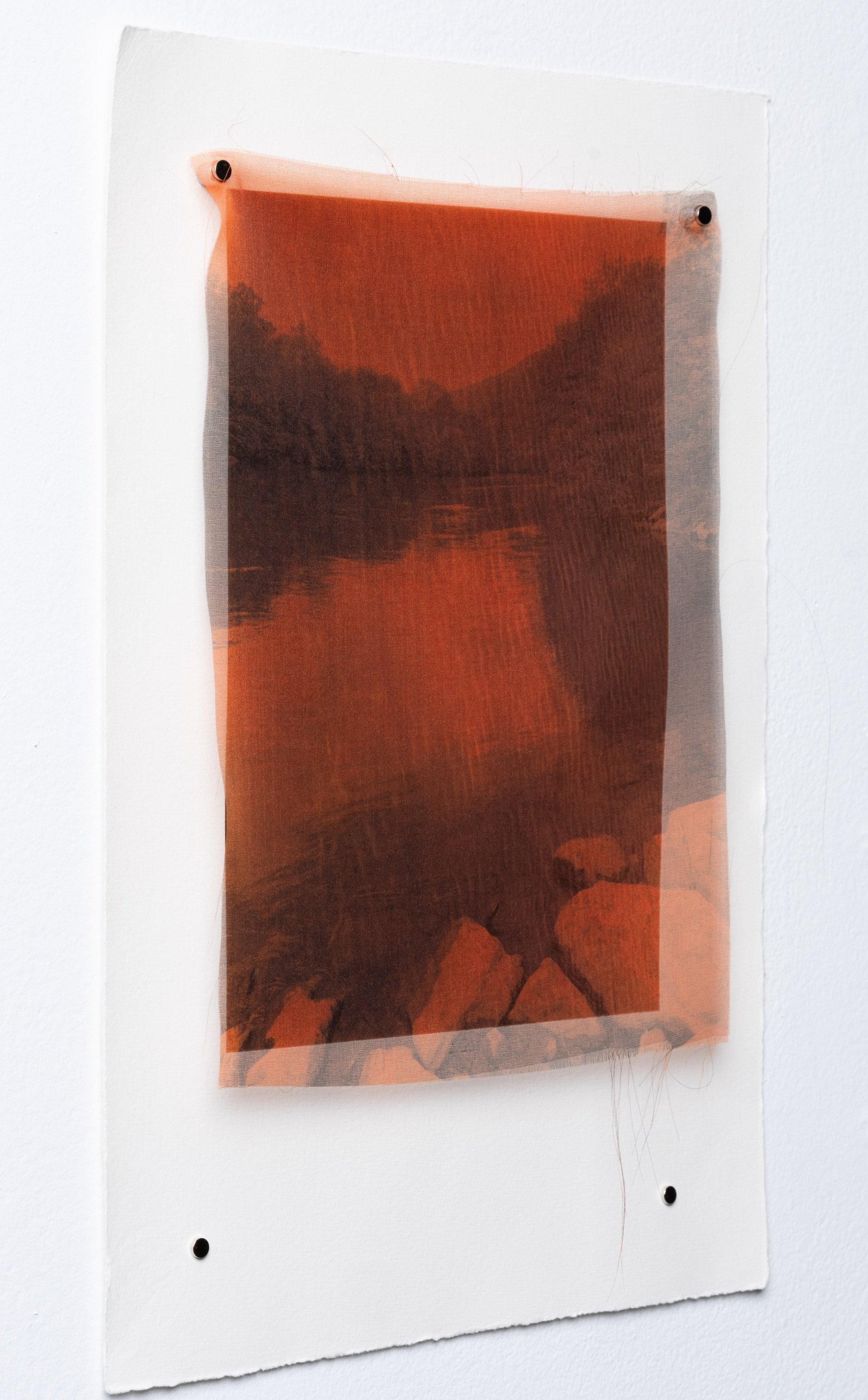 "Legacy: I" side view, 2025. Hand-pulled print on paper, organza, ink, oil pigment reclaimed from acid mine drainage