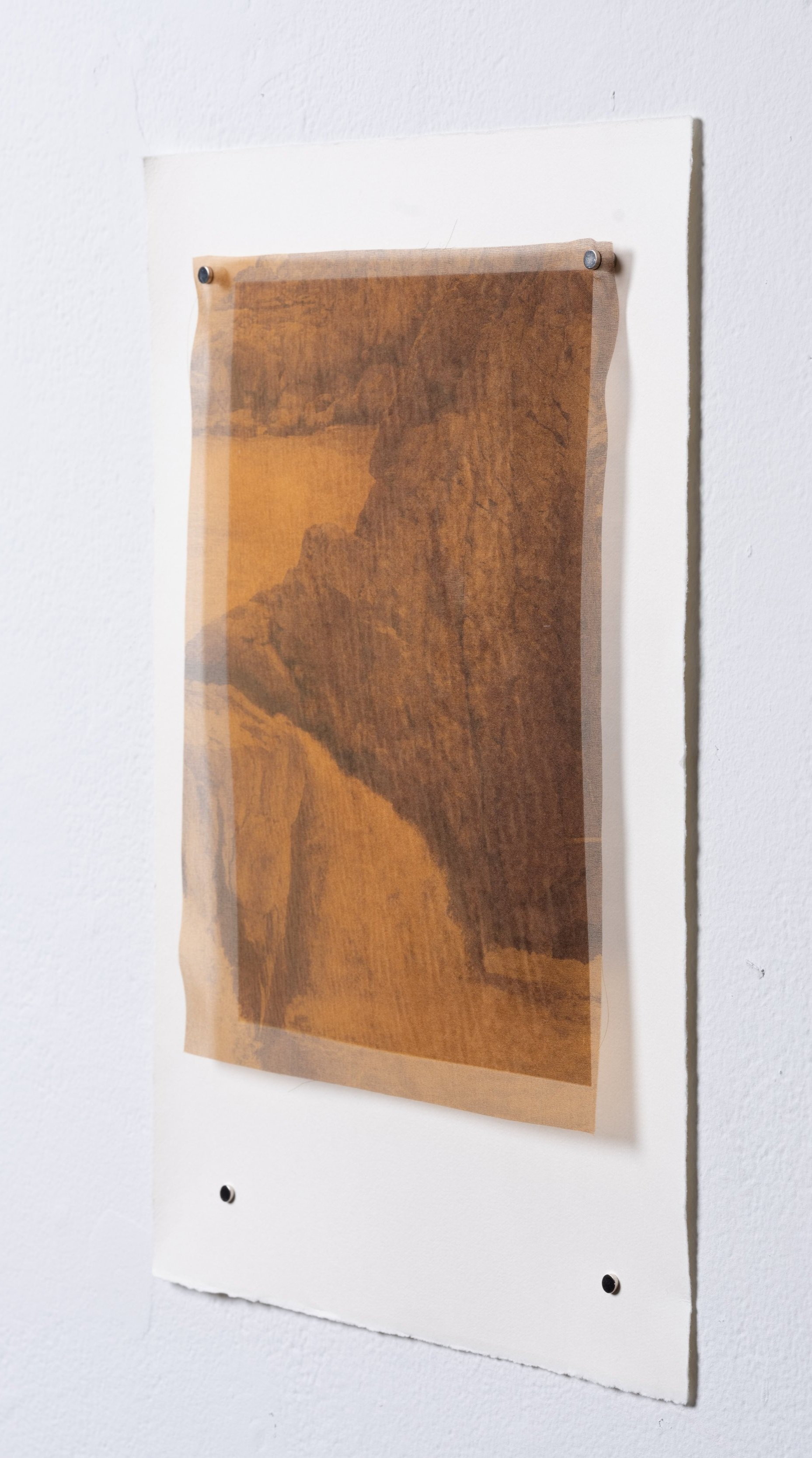 "Legacy: III" side view, 2025. Hand-pulled print on paper, organza, ink, oil pigment reclaimed from acid mine drainage