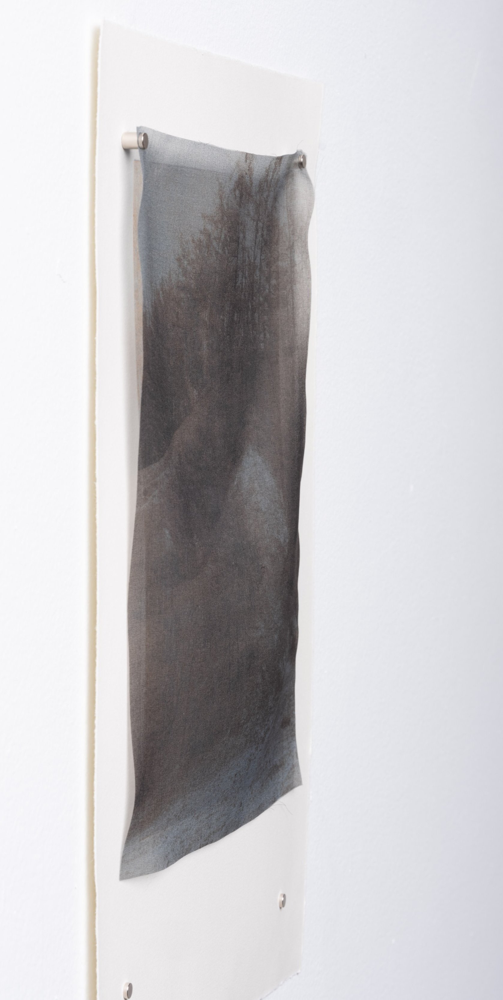 "Legacy: IV" side view, 2025. Hand-pulled print on paper, organza, ink, oil pigment reclaimed from acid mine drainage