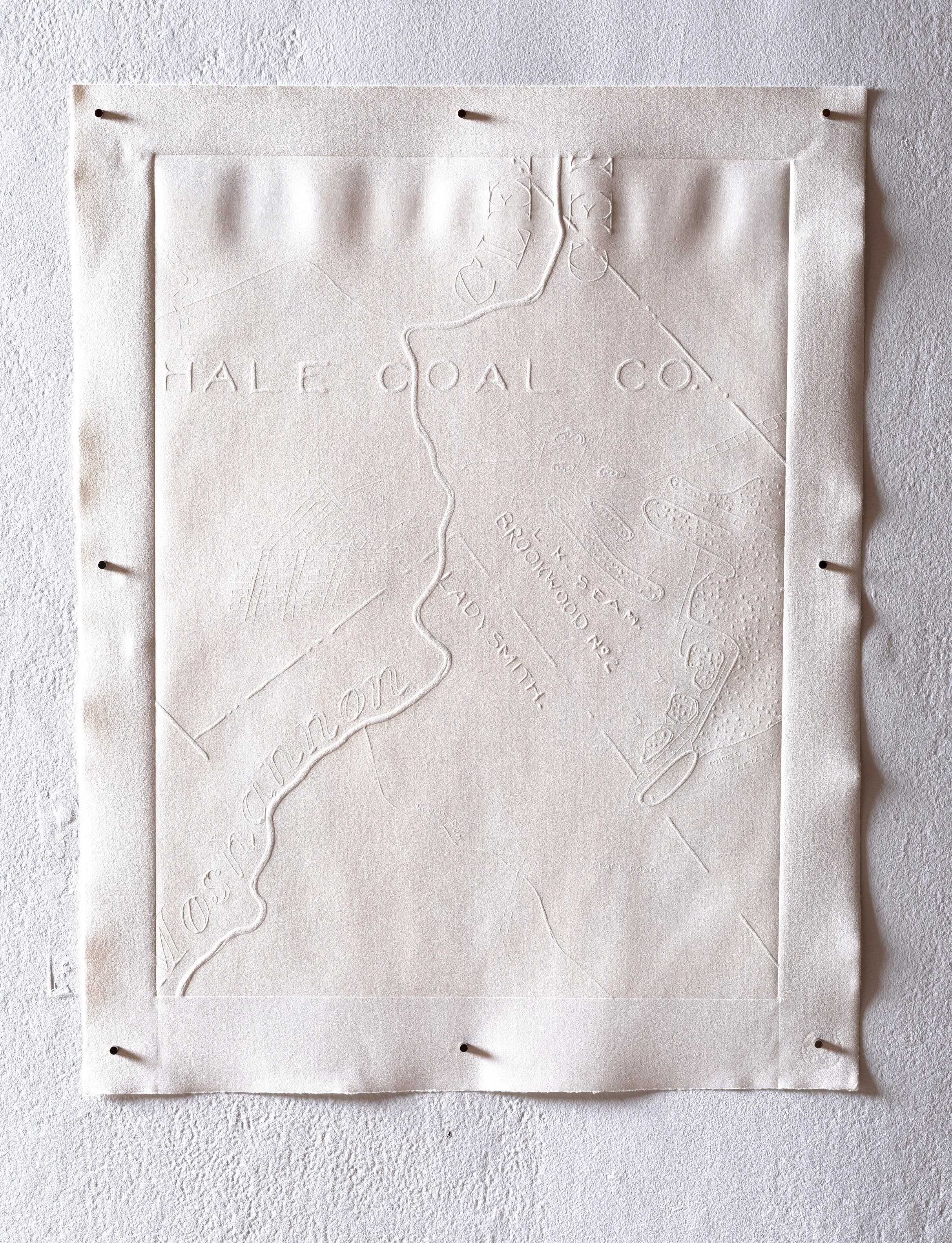 "Unseen Influence", 2024 - Woodcut embossing with seepage on paper, 18 x22 in.