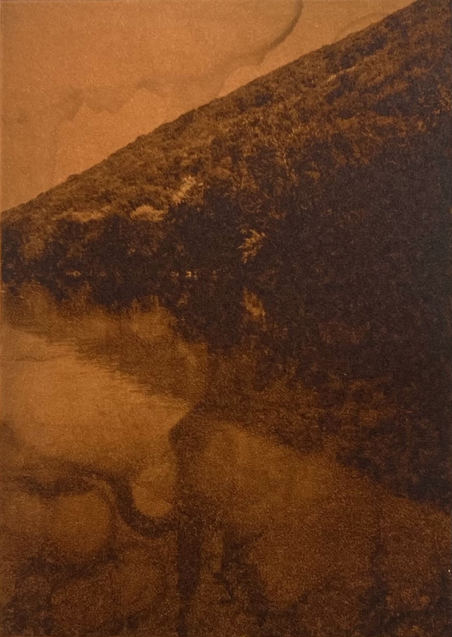 "Little Juniata (Variation 2)", 2024 - Hand-pulled print on paper, ink, oil pigments made from acid mine drainage, 7 x 5 in.