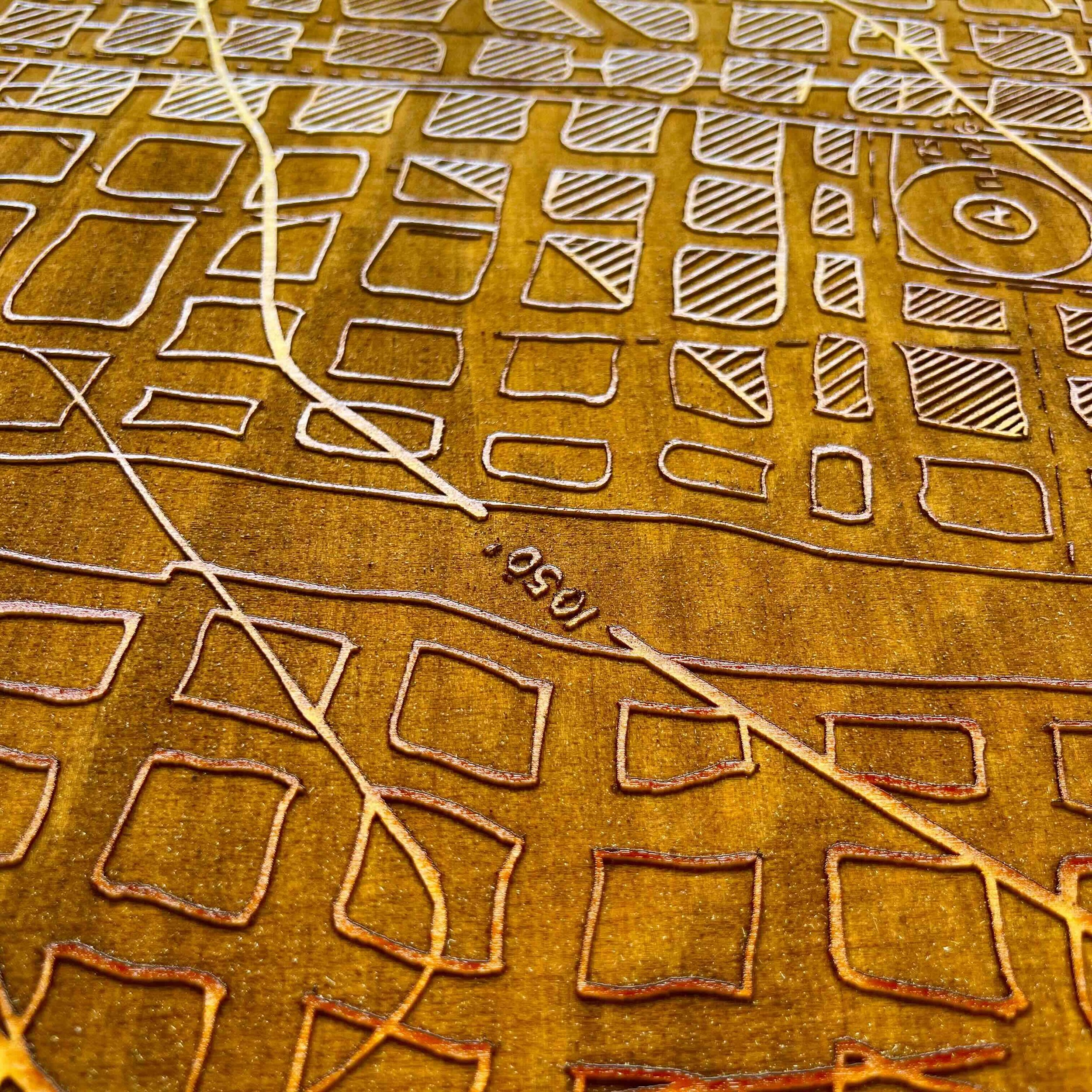 "Rooms and Pillars (Coal Mine Map)" detail, 2024 - Hand-carved/laser cut wood.