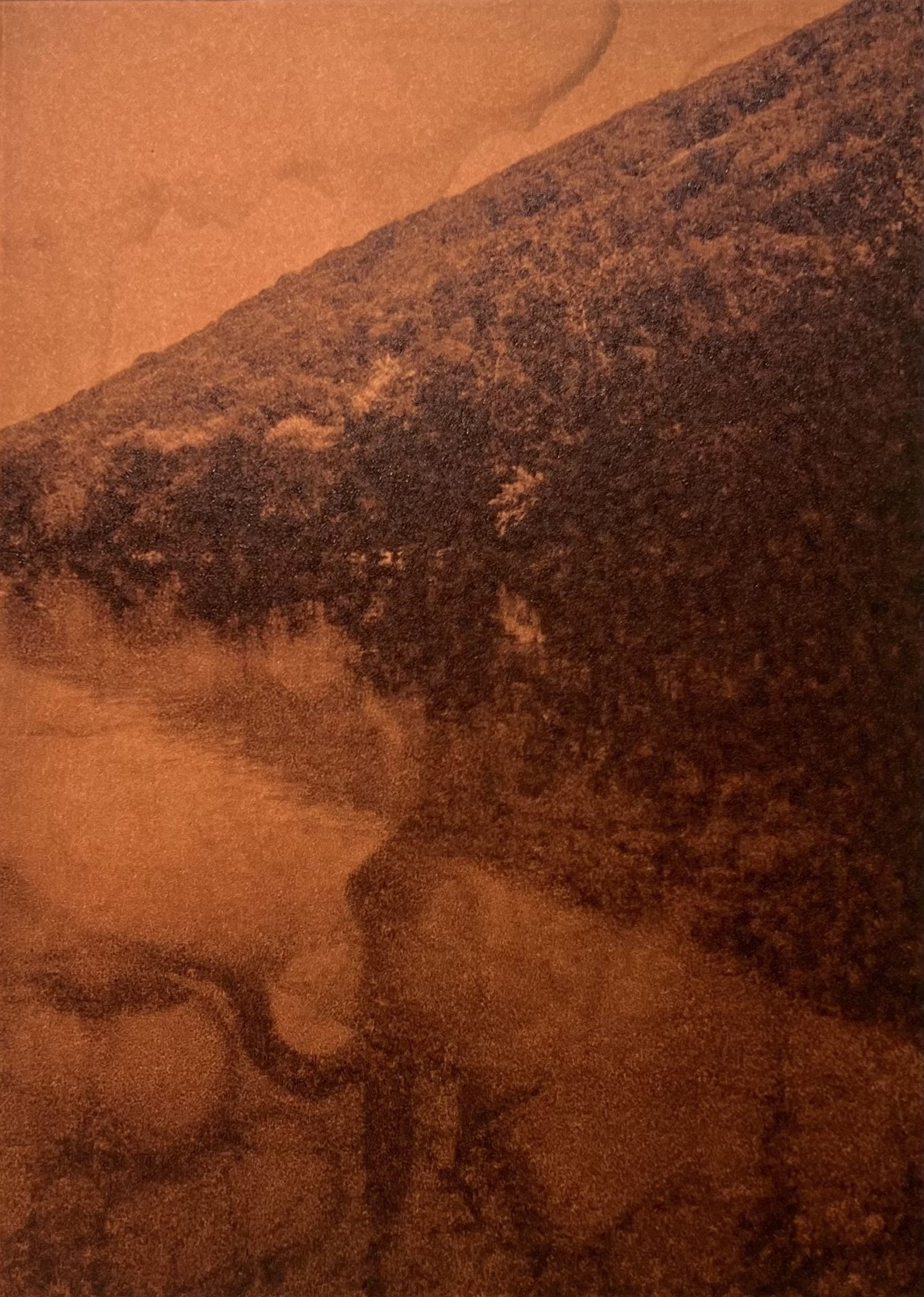 "Little Juniata (Variation 1)", 2024 - Hand-pulled print on paper, ink, oil pigments made from acid mine drainage, 7 x 5 in.