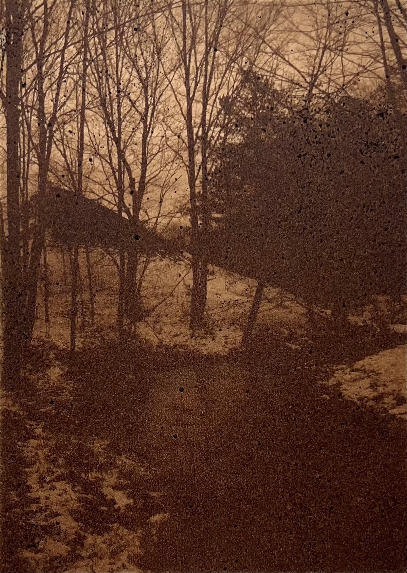 "Refuse Coal Pile", 2024 - Hand-pulled print on paper, ink, oil pigments made from acid mine drainage, refuse coal, 7 x 5 in.
