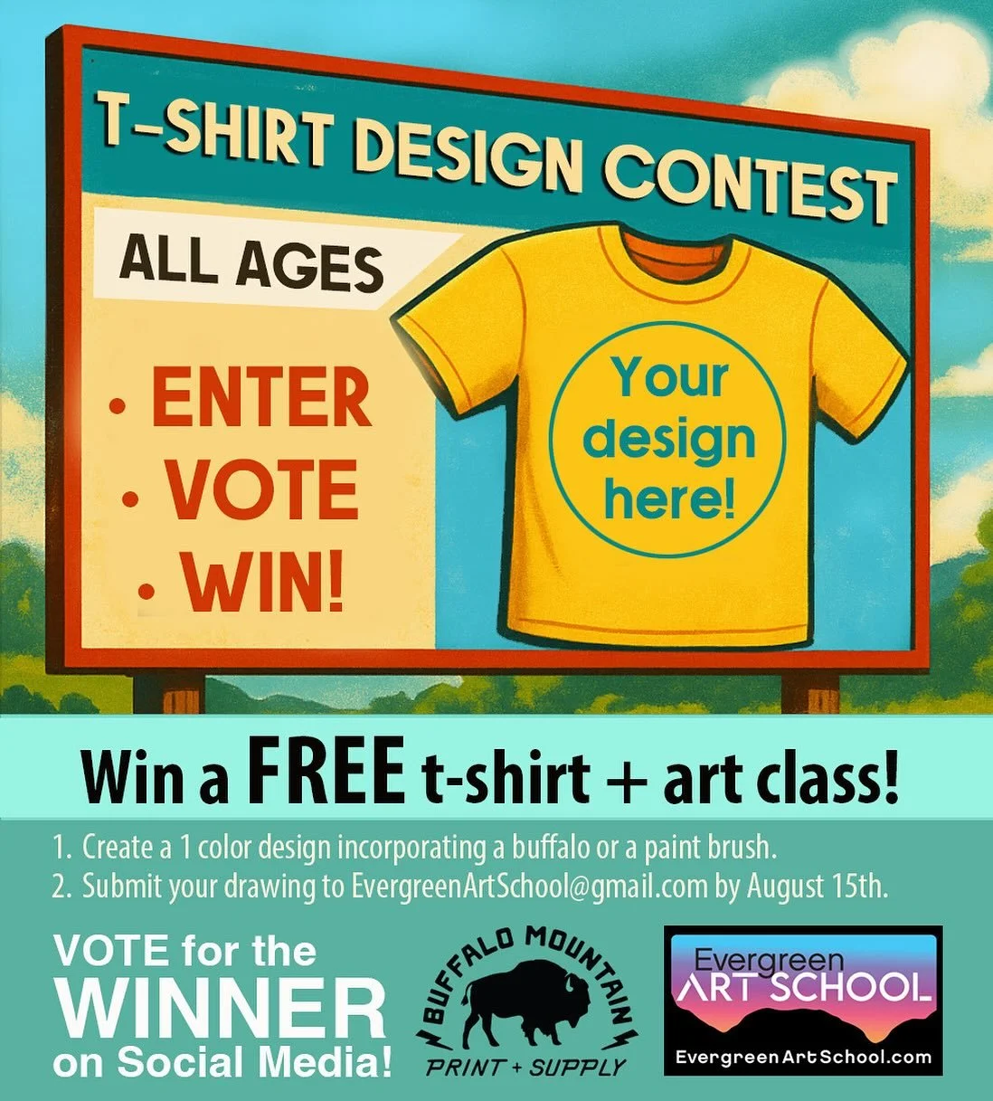 We love shirts, and art, and fun! So we&rsquo;re teaming up with @evergreenartschool on a fun t-shirt design contest, starting this weekend during the duck derby. Come hang out this Saturday with us (our store is right across from the duck finish lin