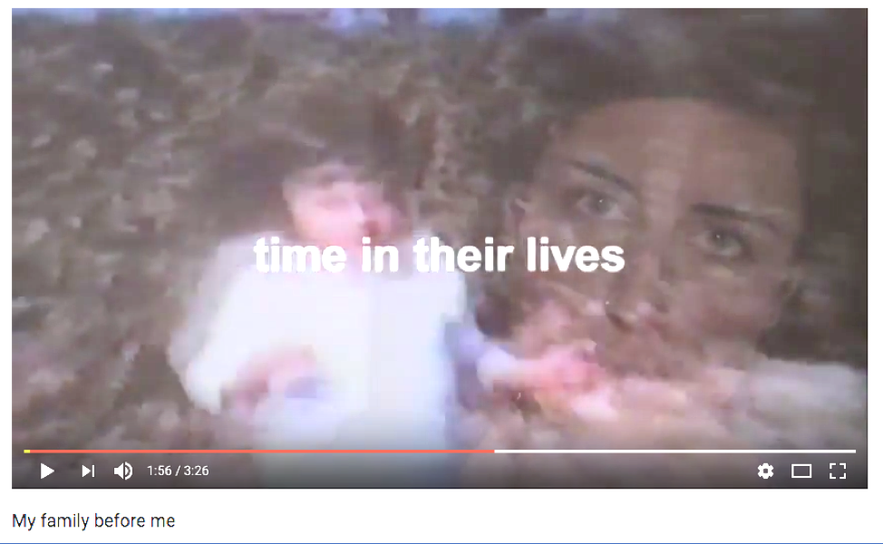 A video frame with a blurred image of a person, overlaid text "time in their lives," with a "My family before me" caption below.
