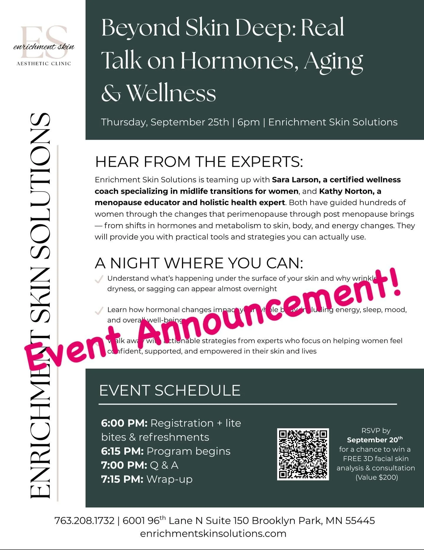 ✨ Beyond Skin Deep ✨
Real talk on hormones, aging, and wellness! Join me and the team at Enrichment Skin Solutions for a night of expert insights, practical tools, and strategies you can actually use.

💬 We&rsquo;ll cover:
✔️ Why wrinkles, dryness, 