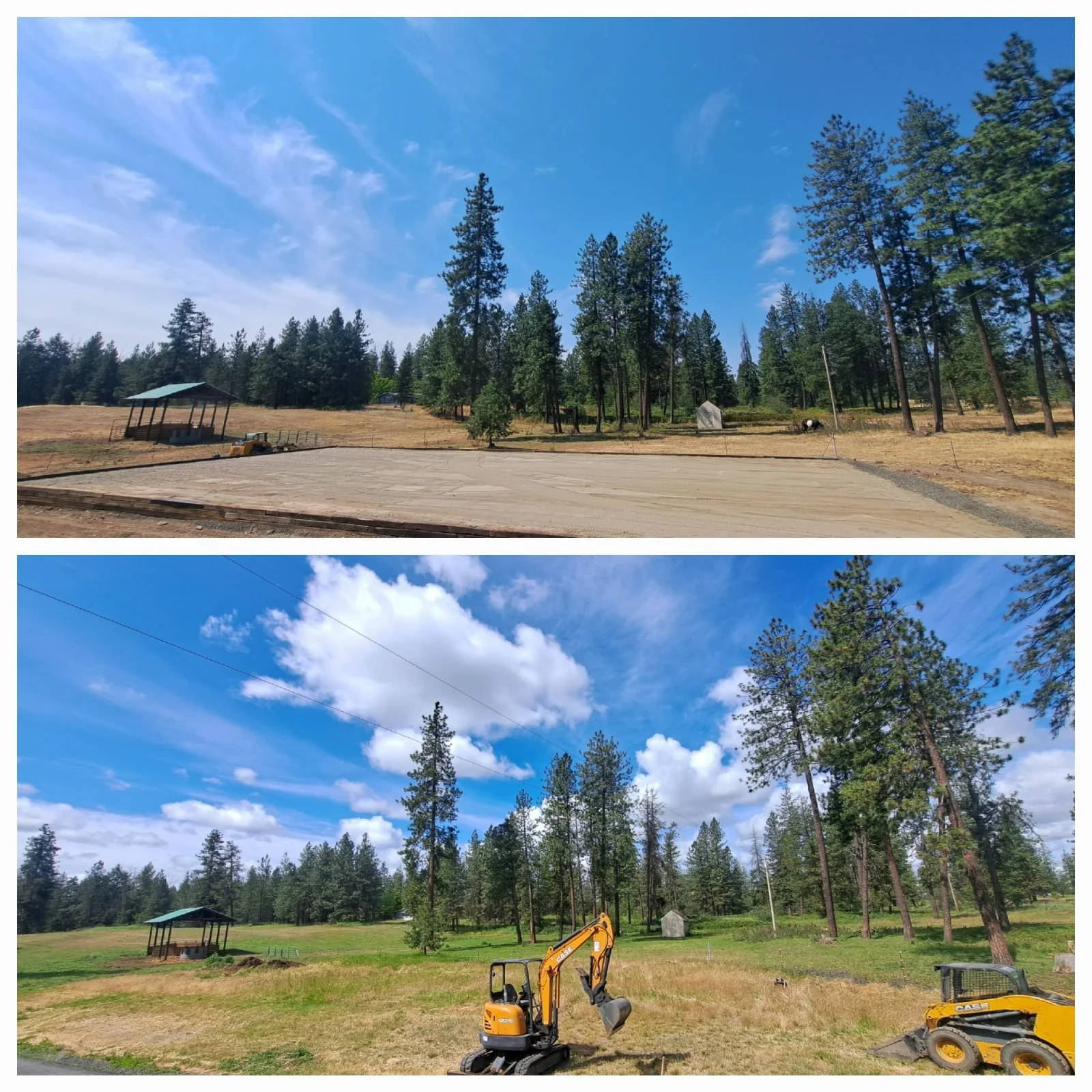 Comparison of a cleared outdoor area before and after landscaping, with construction equipment visible in the second image.