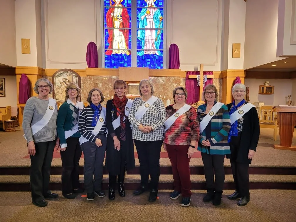 All Saints CWL new executive: Nadine Chandler (Past President), Dorothy Shelson (VP), Roz Kranzler (Treasurer), Elaine Frederickson (President), Val Lazzaretto (Past President), Cheryl Neufeld (Service), Cathy Moor (Faith), Barb Graham (Social Justic