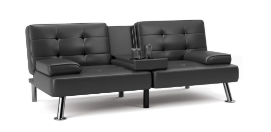 Black Leather Futon with Cup Holders and Charging Station Image.png