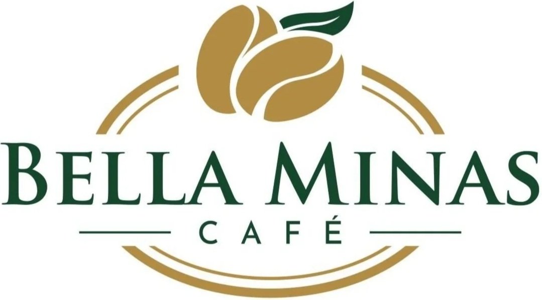 Logo for Bella Minas Café featuring a stylized coffee bean with a leaf on top, in gold and green colors.