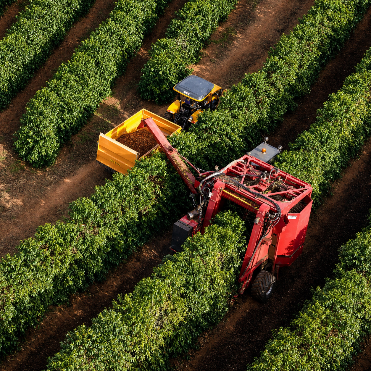 An aerial view of a tractor harvesting a crop in a lush green field.