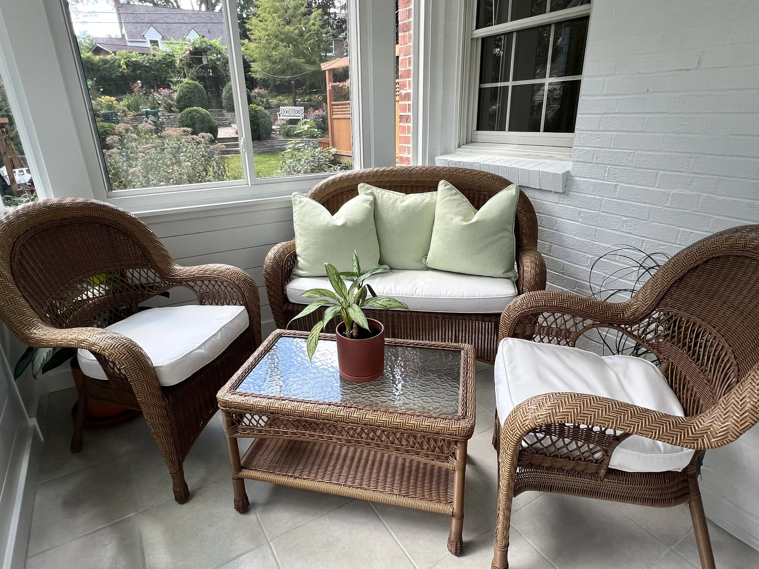 4 Piece Outdoor Wicker Set including white Ballard Design cushions. Excellent condition - asking $200 OBO