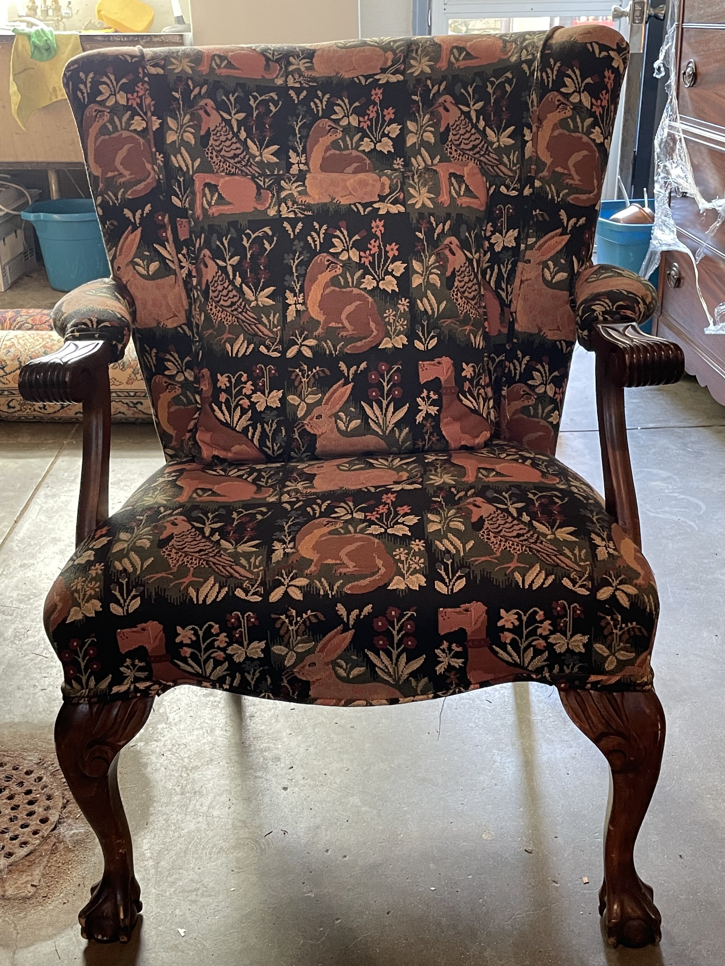 Antique Ball & Claw Upholstered Chair w/ 2 Throw Pillows - $250