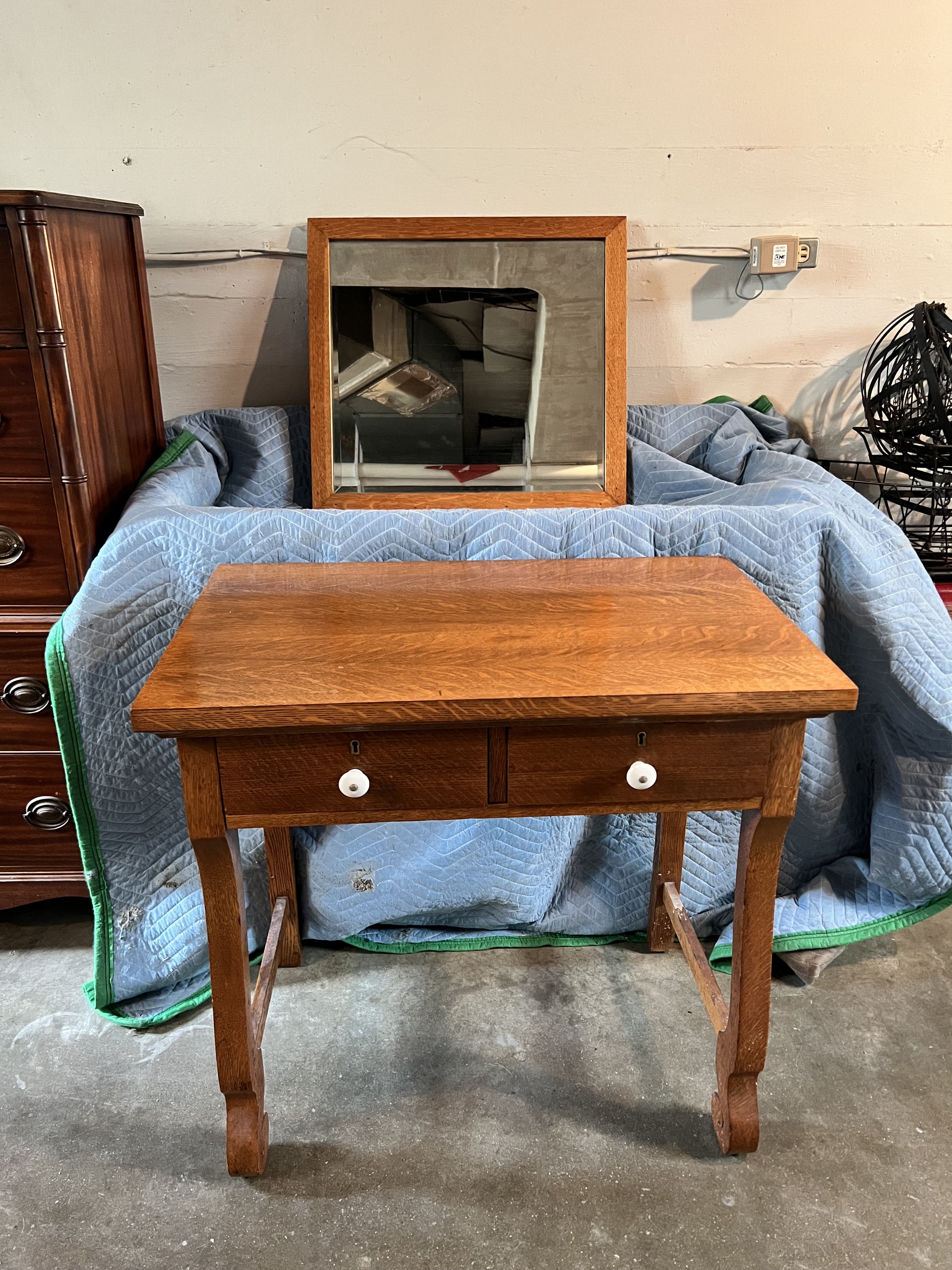 Antique Oak Vanity w/ Matching Mirror - $300