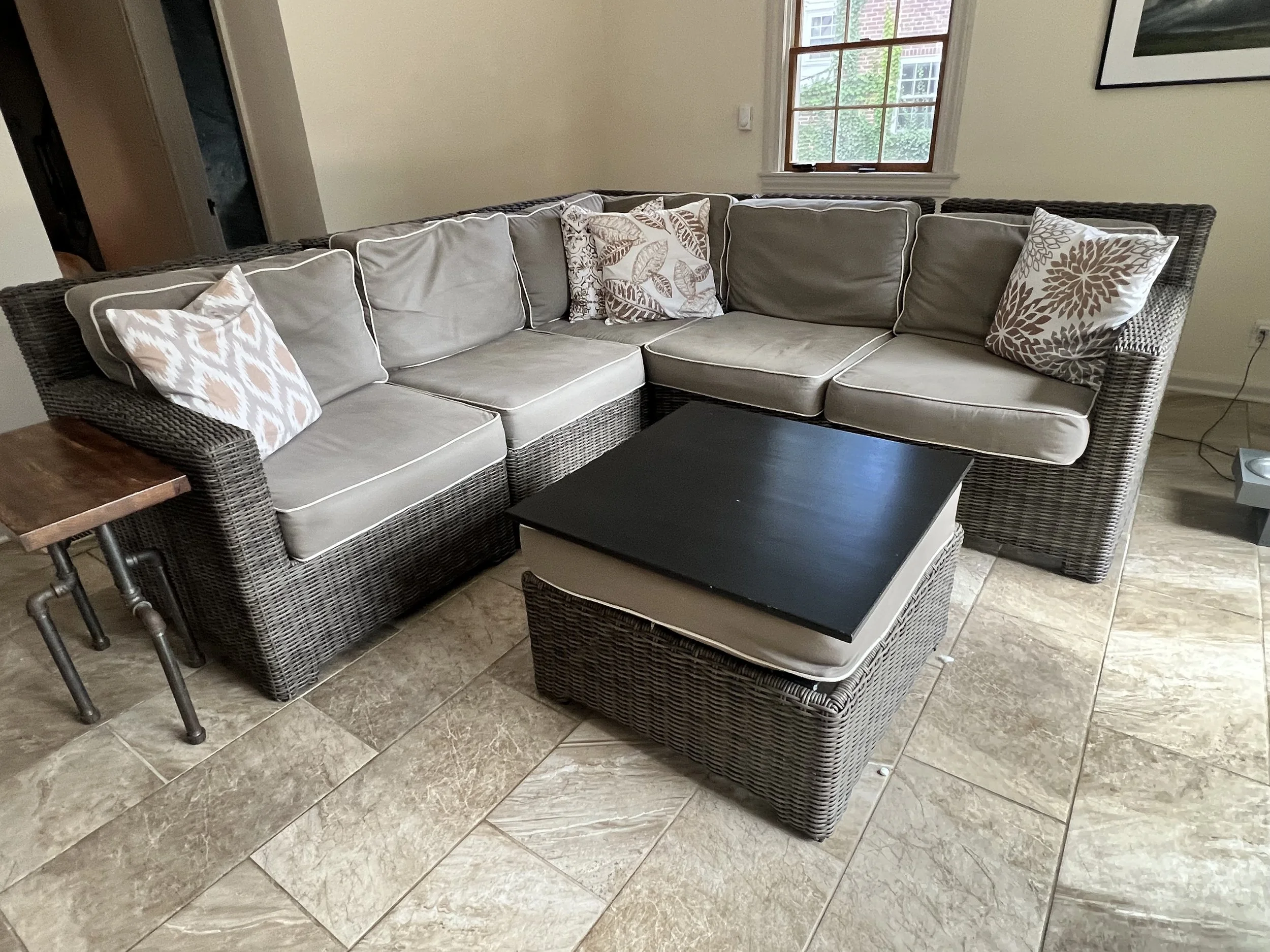 Watsons Outdoor Sectional with Sunbrella Cushions + Ottoman. Purchased 2017 for $5000, excellent condition - asking $300 OBO