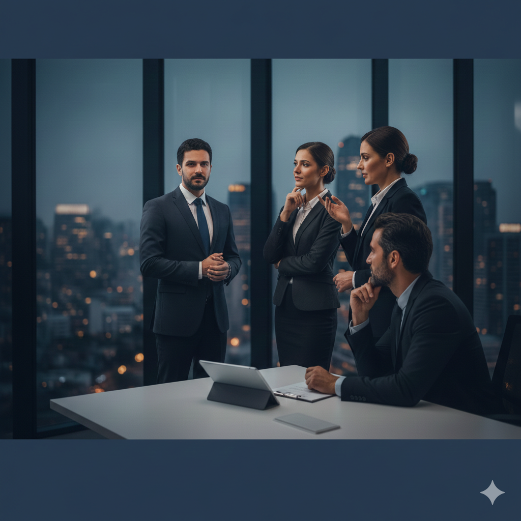Cuatro personas en una oficina de negocios durante una reunión, con vista a una ciudad iluminada por la noche a través de grandes ventanales