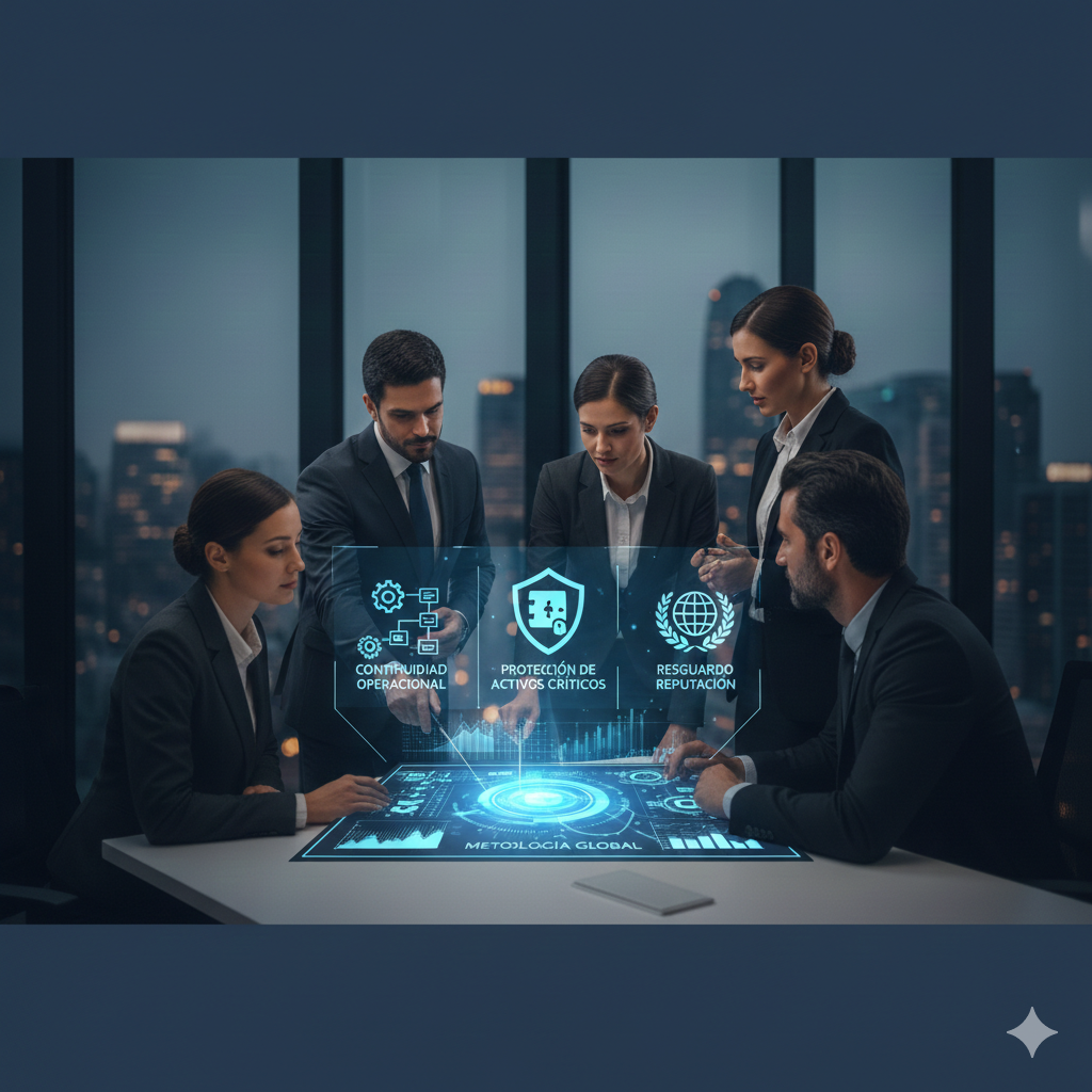 Grupo de cinco empresarios en una sala de reuniones con ciudad de fondo, usando tecnología avanzada y gráficos holográficos relacionados con la gestión y protección de activos y la reputación empresarial.