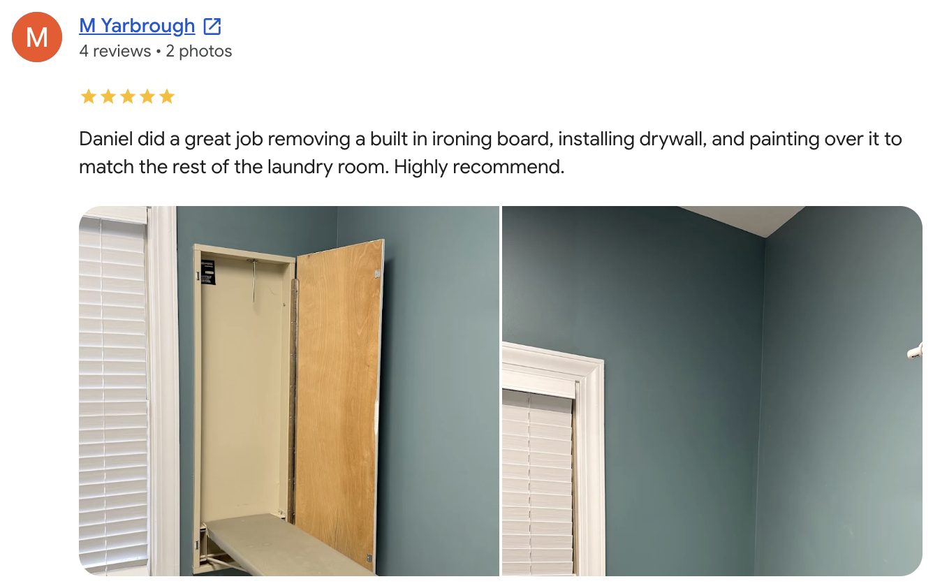 Interior painting and color match customer testimonial about her painting experience with Masterworks Painting Pros in Greenville