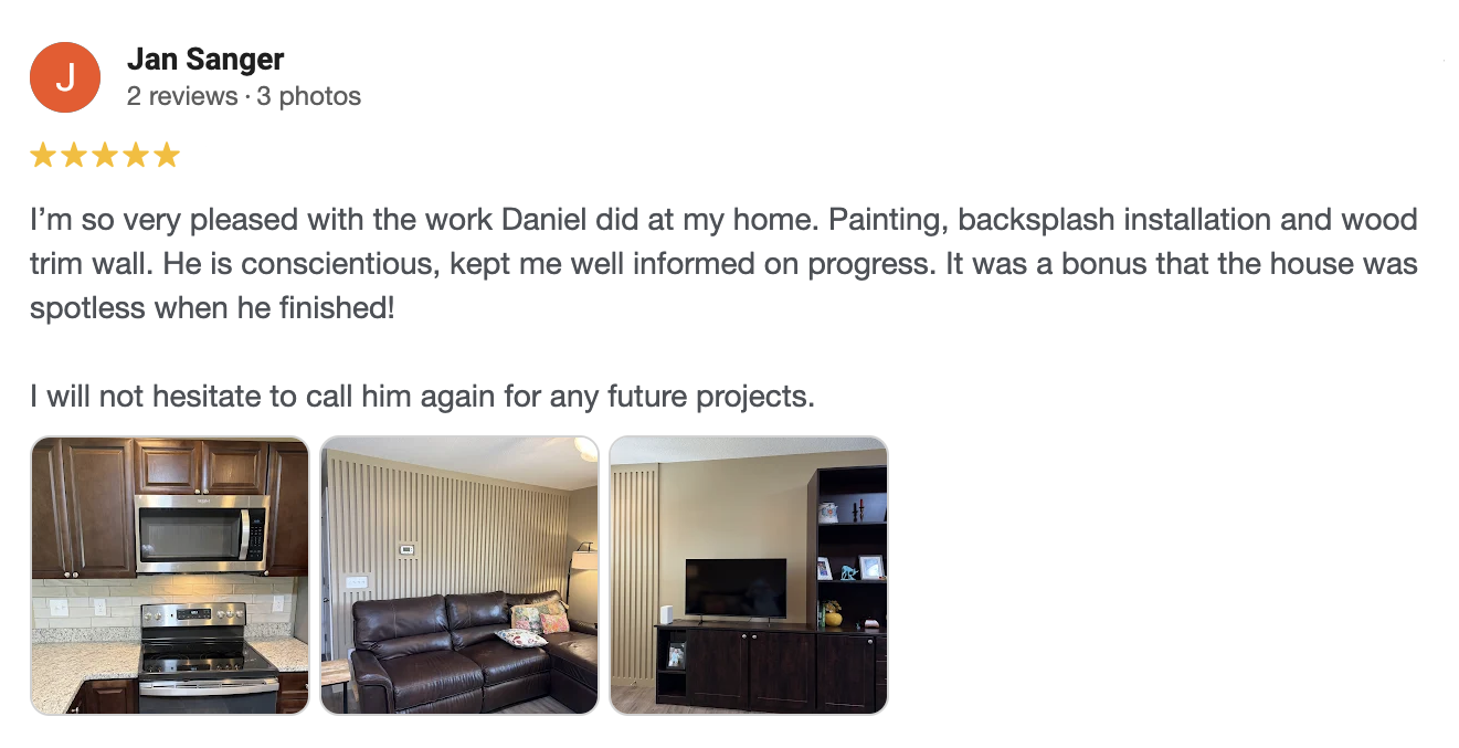 Customer positive review for trim work, interior paint and tile with clean job sites in Greenville, SC