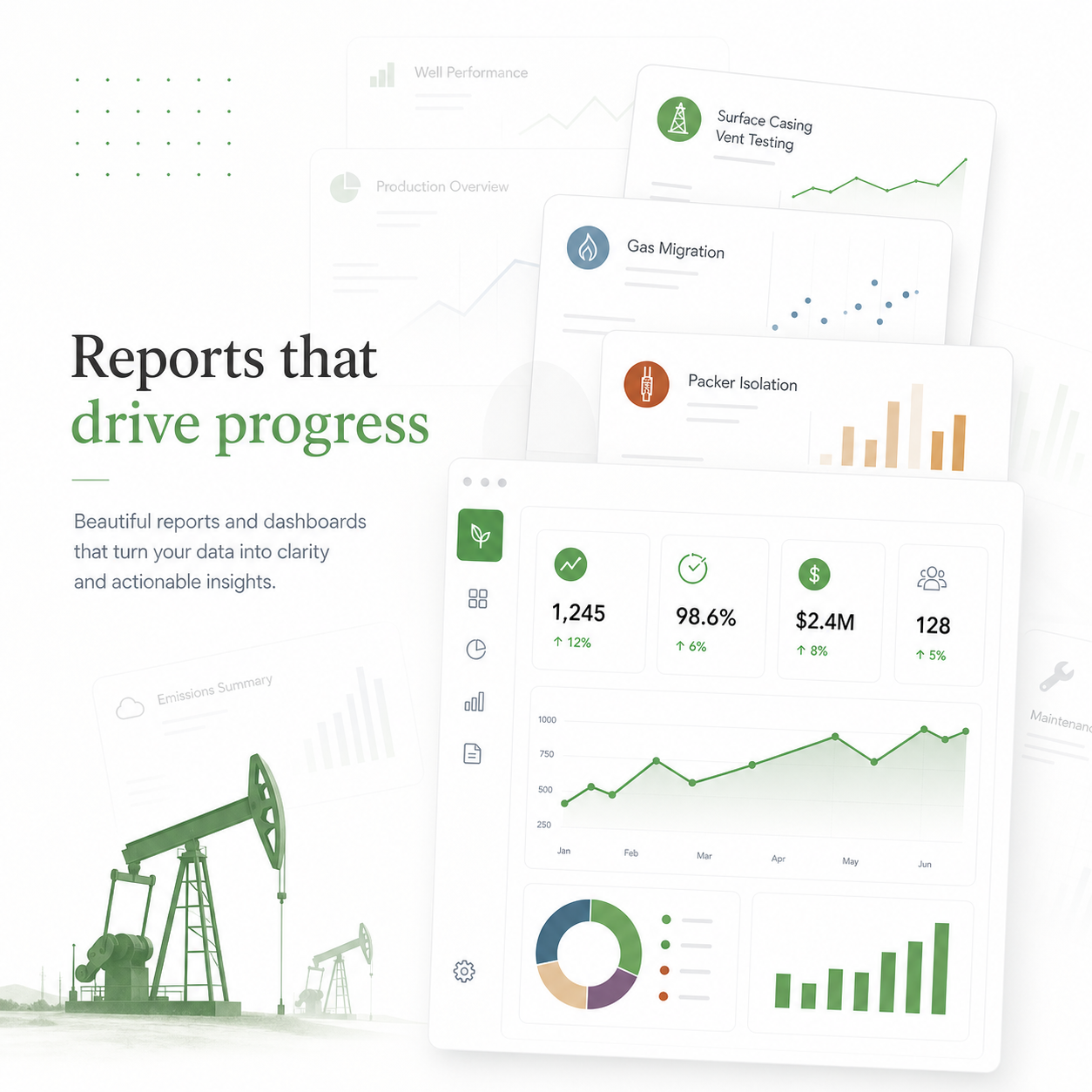 Overlay of different report types indicating that other report types are an option. Picture of a pump jack in the lower left corner