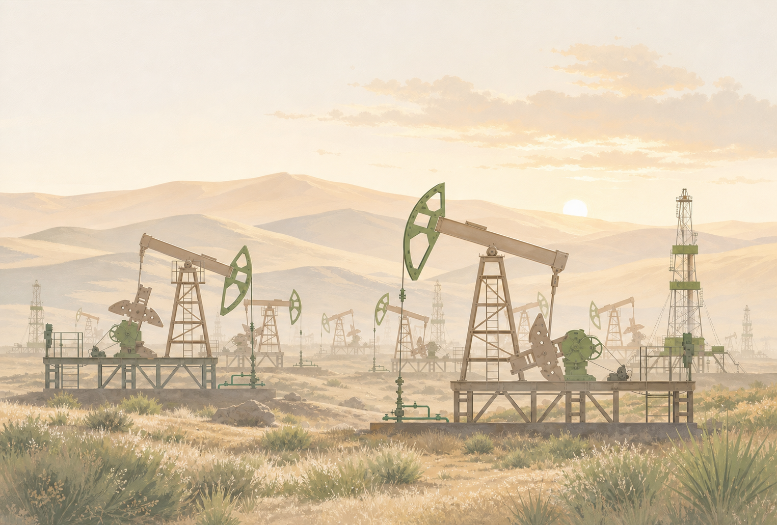 Cartoon image of pumping units in the foreground with large rolling hills in the background with the sun rising. Surface rig visible on the right-hand side of the image.