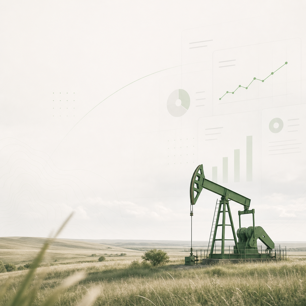 Picture of a green pumping unit on a prairie with translucent report images overlaid on top of the picture.