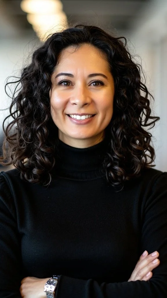 Portrait of a woman with curly black hair wearing a black turtleneck and smiling, in an indoor setting with blurred lighting in the background. Kara Withers