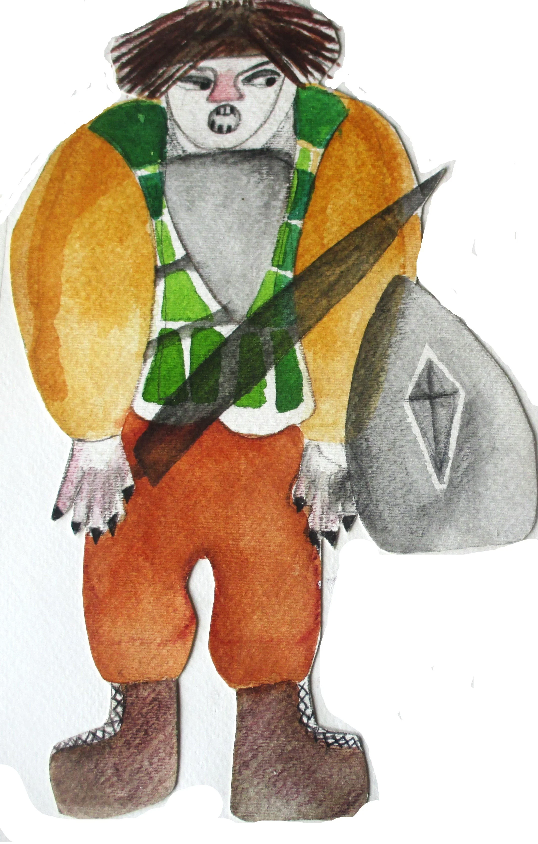 A hand-drawn illustration of a character with brown hair, wearing a yellow and green jacket, orange pants, and brown boots, holding a large gray bag with a diamond-shaped emblem, and a large sword.