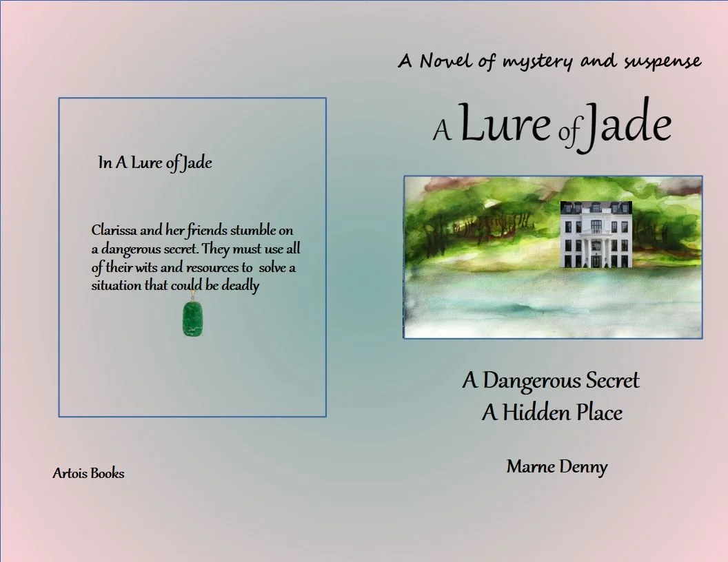 Book cover for 'A Lure of Jade' by Marne Denny, featuring a watercolor-style landscape with a green forest and a white building, and a blue border framing the synopsis on the left.