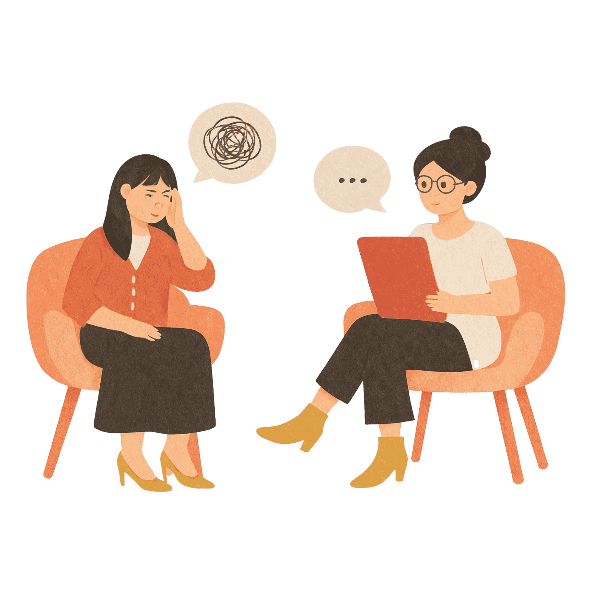 Two women having a conversation in a therapy session, one with long dark hair and orange sweater, the other with glasses and dark hair in a bun, with speech bubbles above their heads, one showing a scribbled emotion, the other with ellipsis.