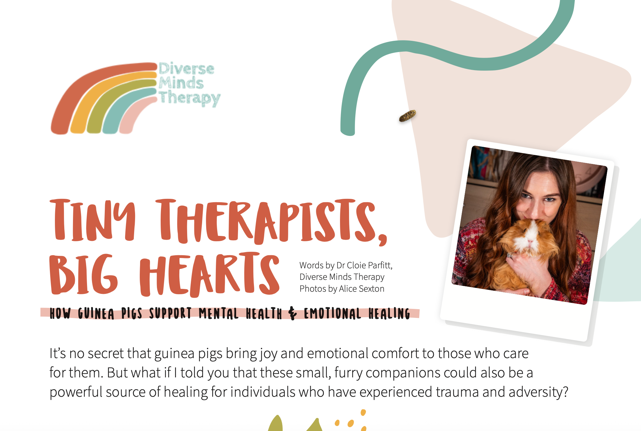 Cover page of a publication titled 'Tiny Therapists, Big Hearts' by Diverse Minds Therapy, featuring a photo of a woman with long red hair holding a guinea pig, and a colorful rainbow logo.
