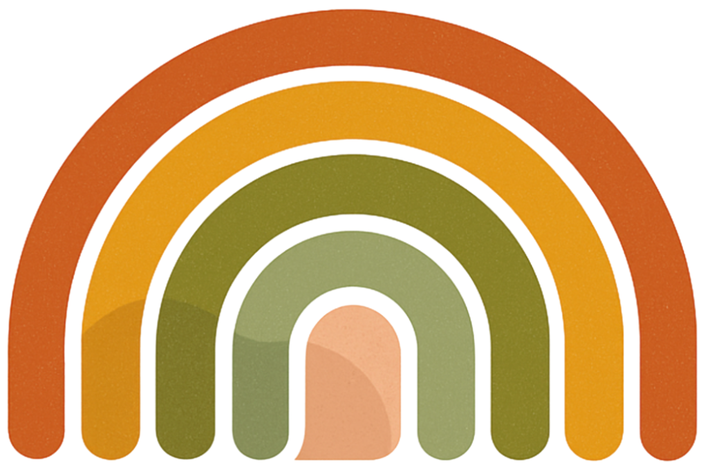 A rainbow with five colored arches in shades of red, orange, yellow, green, and brown.