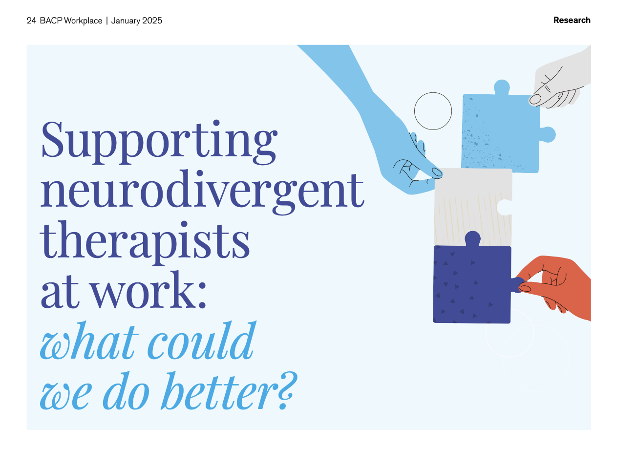 An illustration of three hands connecting puzzle pieces in blue, white, and red. The text reads: 'Supporting neurodivergent therapists at work: what could we do better?'}