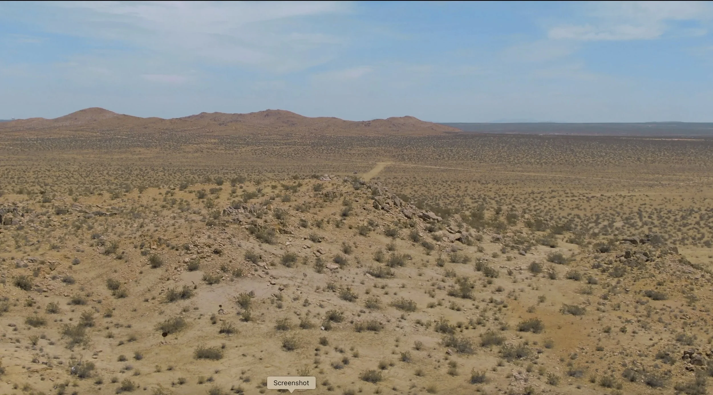 A vast, arid desert landscape with sparse vegetation and distant mountains under a partly cloudy sky.