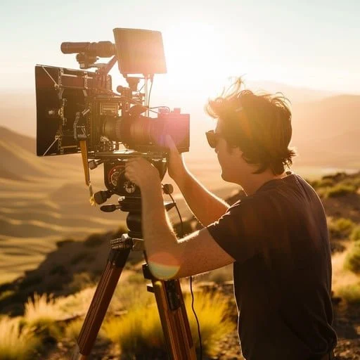 A person operating a professional camera on a tripod during sunset or sunrise in a desert landscape.