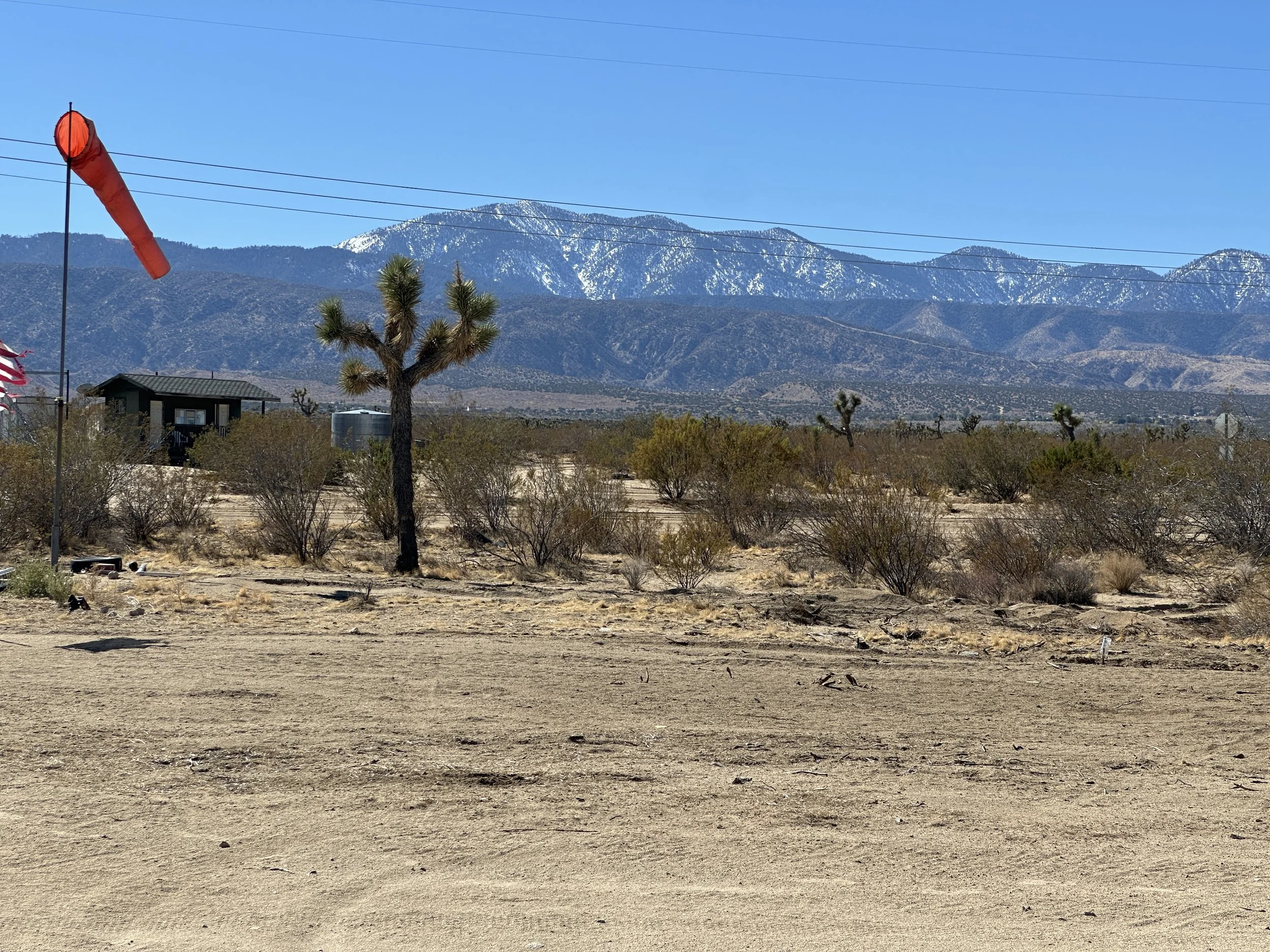 Desert landscape with sparse bushes, a solitary tree, mountains with snow in the background, clear blue sky, wind sock and power lines in the foreground.
