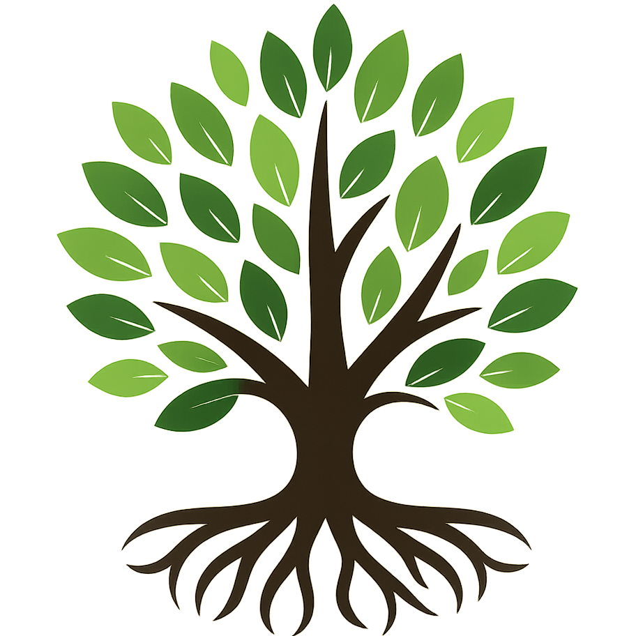 A stylized illustration of a tree with a brown trunk and green leaves, including roots underground.