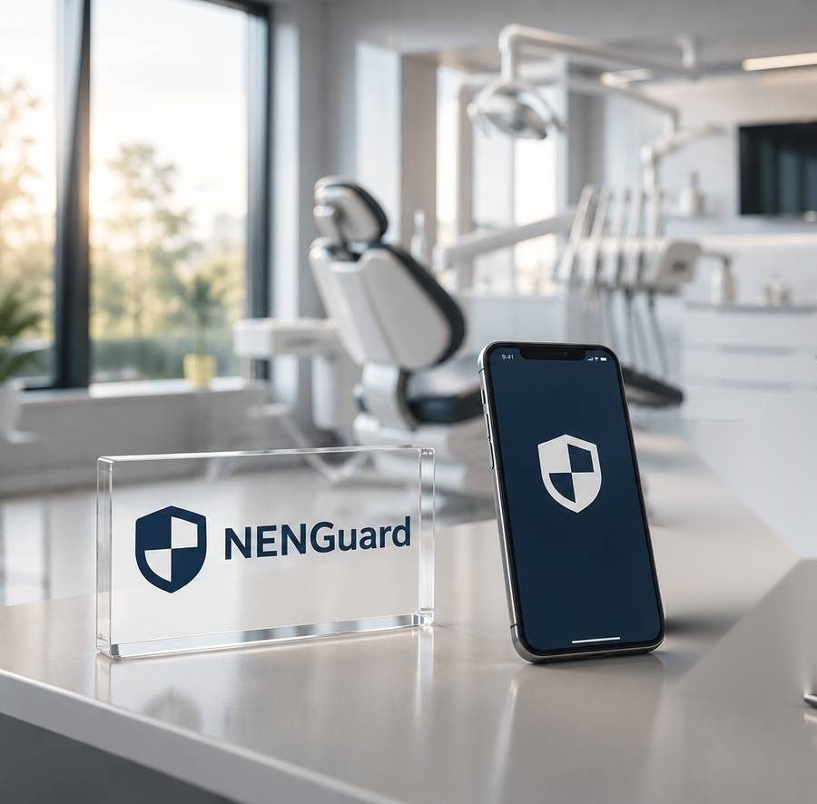 Behandlungszimmer einer Zahnarztpraxis, im Vordergrund die NENGuard App auf einem iPhone