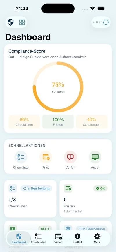 NENGuard Dashboard mit Compliance-Score der Praxis