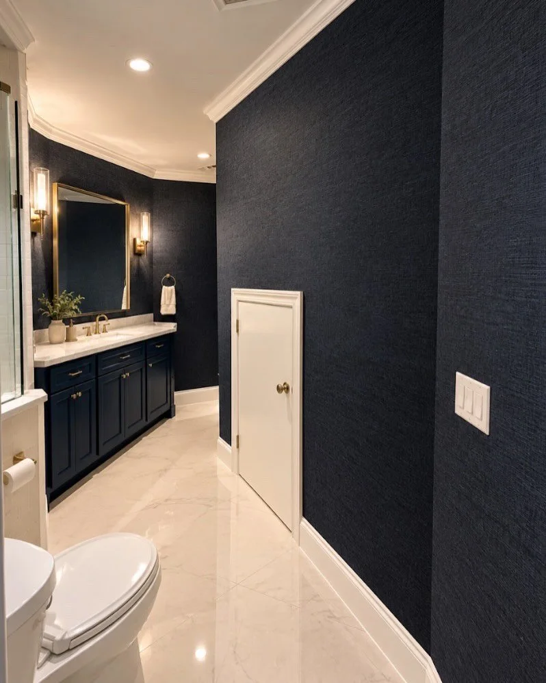 Just a divinely beautiful choice for a primary bathroom 💙🤍 I would absolutely belt a Celine Dion song into a hairbrush wearing a silk robe in here. 

Installation: @wallpaperingatx