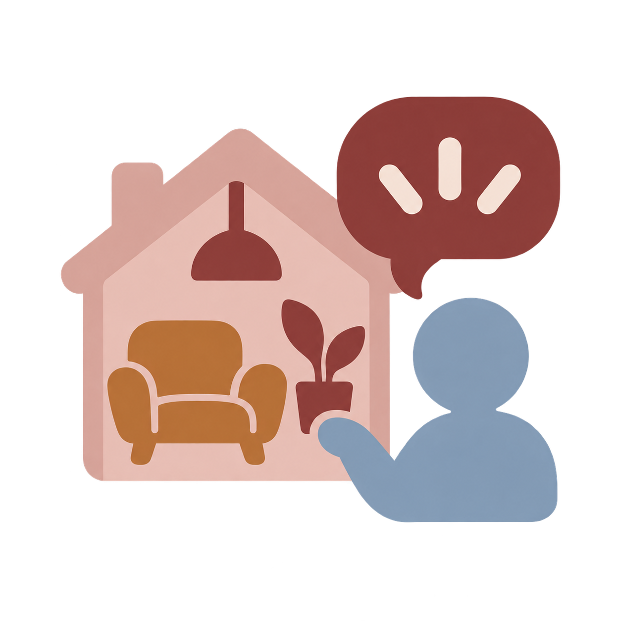 A blue silhouette of a person talking on the phone in front of an illustration of a house interior with a couch, a plant, and a hanging lamp, and speech bubbles indicating conversation.