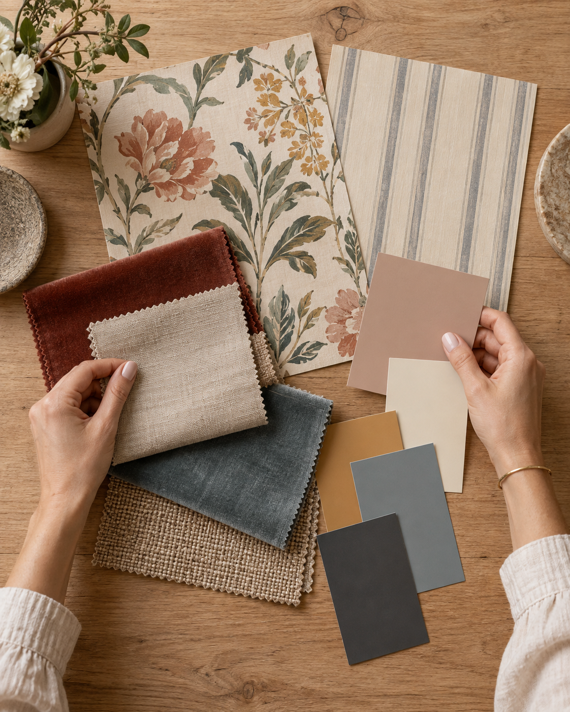 Hands holding fabric swatches over a table with wallpaper sample sheets and paint color samples.