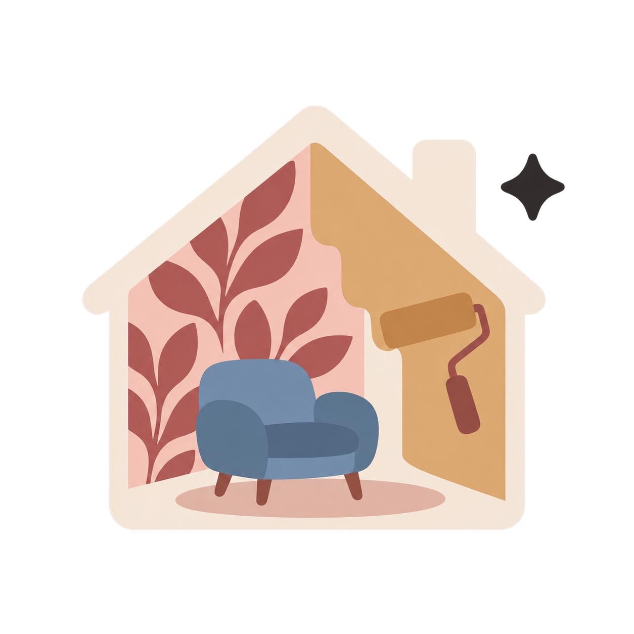 Illustration of a cozy interior room inside a house, with a blue armchair, wallpaper with a pink background and brown leaves, and a painting roller.