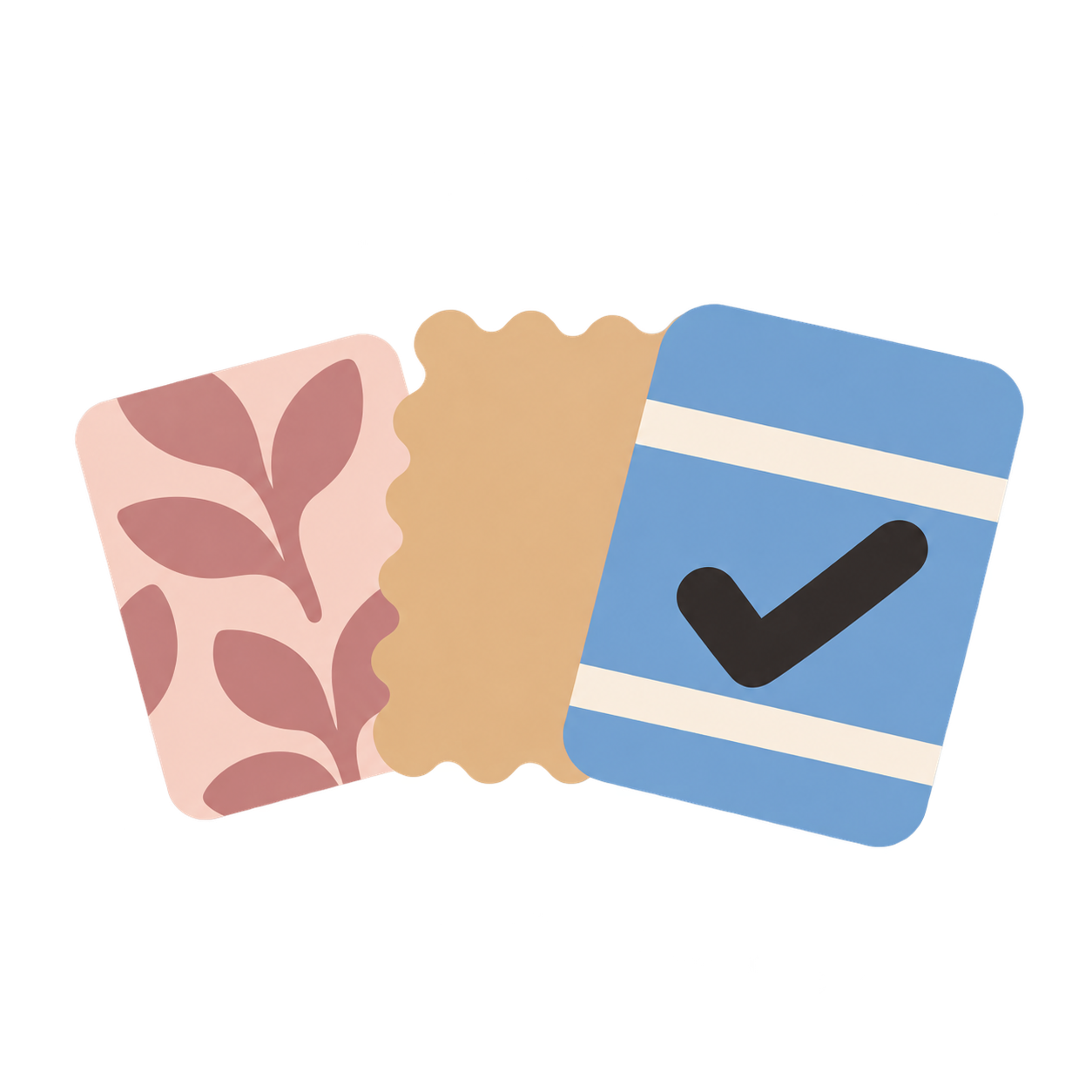 Three cards with different designs, one with a floral pattern, one with a scalloped edge, and one with a checkmark, overlapping each other.